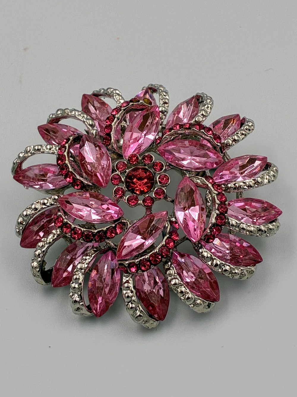 Vintage Pink Floral Rhinestone Brooch Silver Tone Flower Pin 2.5in Sparkle